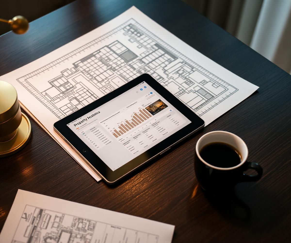 Escritorio con planos y tablet mostrando análisis de propiedades